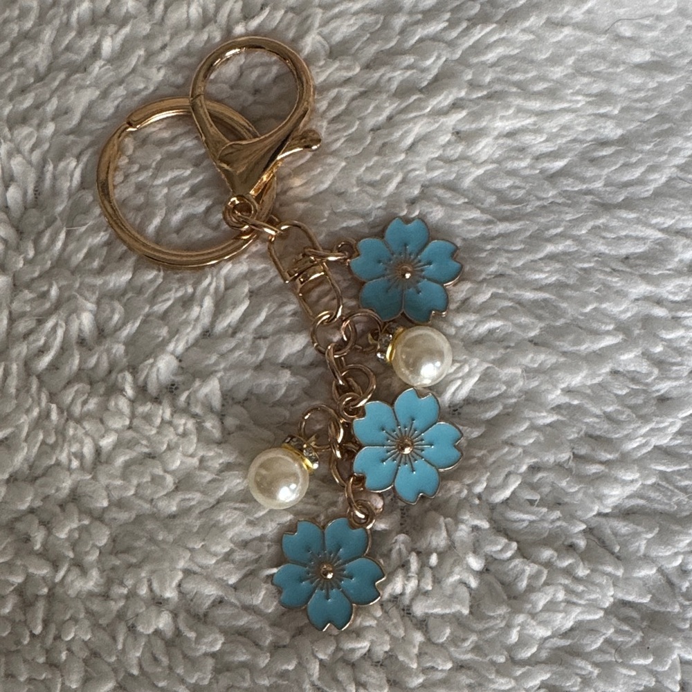 Blue Flower Charm Keychain with Pearl Accents